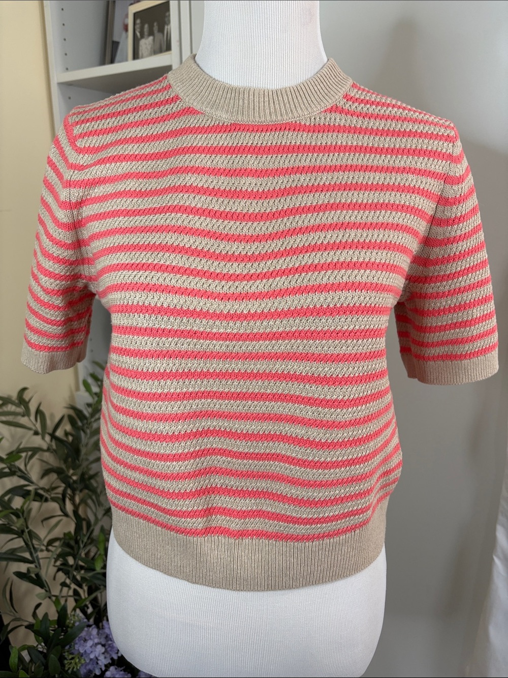 Banana Republic Factory Beige and Coral Striped Short Sleeve Sweater M NWOT